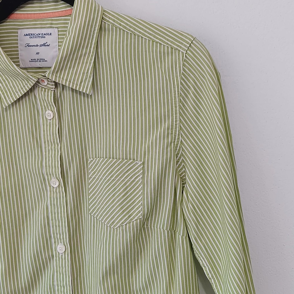 American Eagle Shirt Women's Size 10 Green Striped Button Down Favorite Fit‎